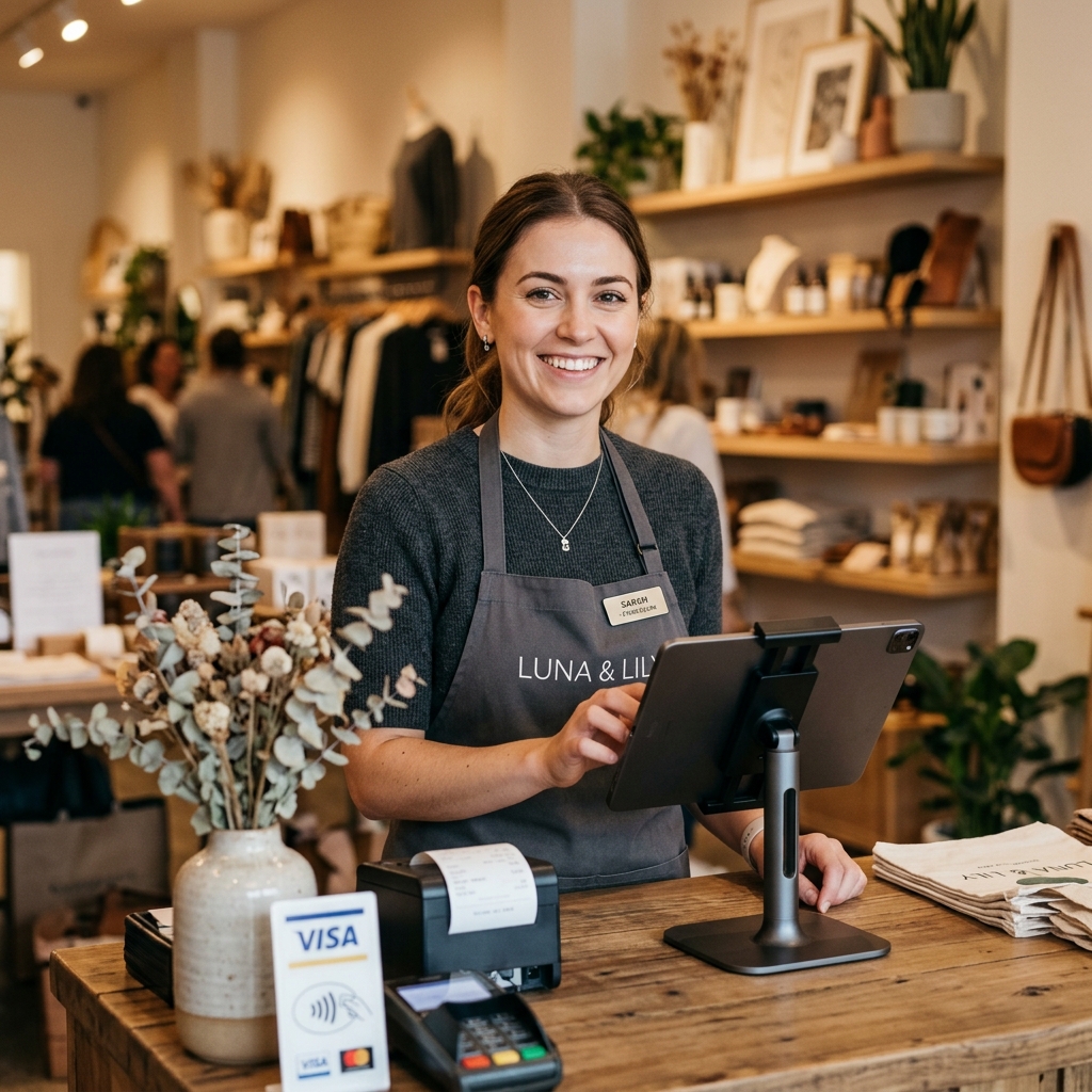 Friendly retail store cashier operating a POS terminal at checkout counter